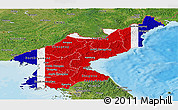 Flag Panoramic Map of North Korea, satellite outside, bathymetry sea, flag aligned to the middle