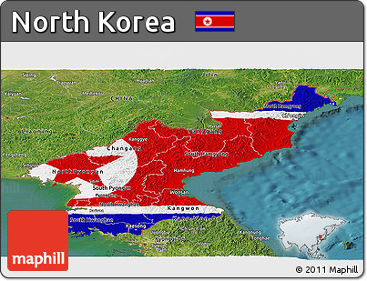 Flag Panoramic Map of North Korea, satellite outside, flag centered