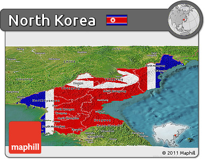 Flag Panoramic Map of North Korea, satellite outside, flag rotated