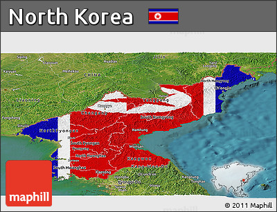 Flag Panoramic Map of North Korea, satellite outside, flag rotated