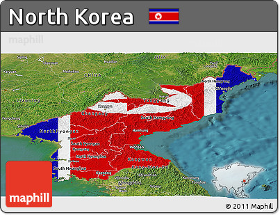 Flag Panoramic Map of North Korea, satellite outside, flag rotated