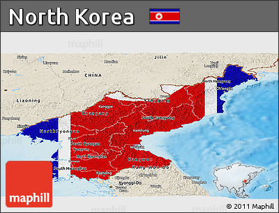 Flag Panoramic Map of North Korea, shaded relief outside, flag aligned to the middle