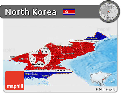 Flag Panoramic Map of North Korea, single color outside, shaded relief sea