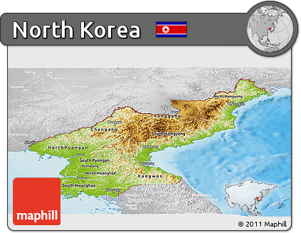 Physical Panoramic Map of North Korea, lighten, desaturated, land only