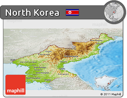 Physical Panoramic Map of North Korea, lighten, semi-desaturated, land only