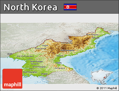 Physical Panoramic Map of North Korea, lighten, semi-desaturated, land only