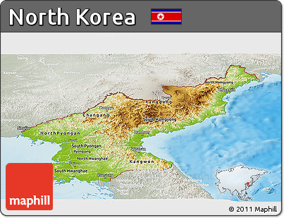Physical Panoramic Map of North Korea, lighten, semi-desaturated, land only
