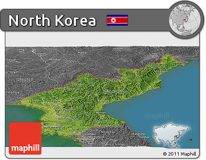 Satellite Panoramic Map of North Korea, desaturated, land only