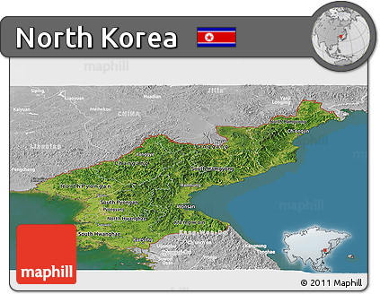 Satellite Panoramic Map of North Korea, lighten, desaturated, land only