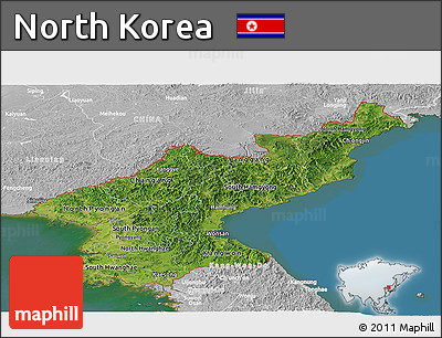 Satellite Panoramic Map of North Korea, lighten, desaturated, land only