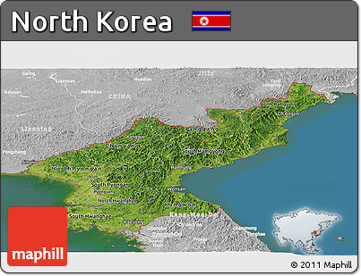 Satellite Panoramic Map of North Korea, lighten, desaturated, land only