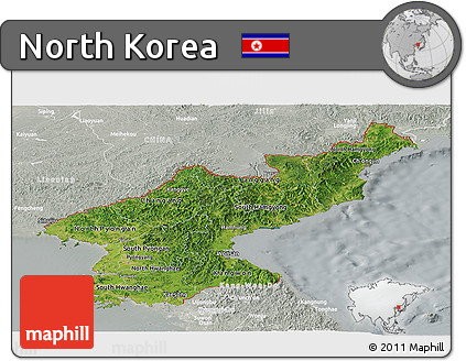 Satellite Panoramic Map of North Korea, lighten, semi-desaturated