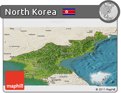 Satellite Panoramic Map of North Korea, shaded relief outside, satellite sea