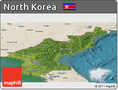 Satellite Panoramic Map of North Korea, shaded relief outside, satellite sea