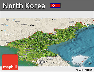 Satellite Panoramic Map of North Korea, shaded relief outside, satellite sea