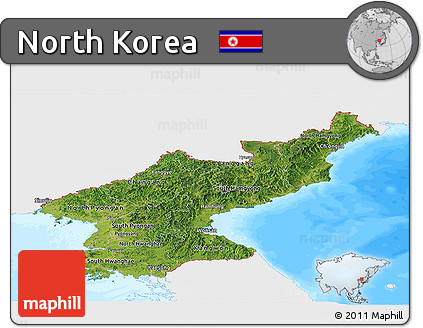 Satellite Panoramic Map of North Korea, single color outside, bathymetry sea