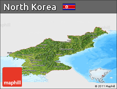 Satellite Panoramic Map of North Korea, single color outside, bathymetry sea