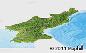 Satellite Panoramic Map of North Korea, single color outside, bathymetry sea, shaded relief sea
