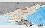 Shaded Relief Panoramic Map of North Korea, darken, desaturated, land only