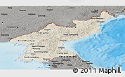 Shaded Relief Panoramic Map of North Korea, darken, semi-desaturated, land only