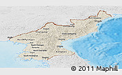 Shaded Relief Panoramic Map of North Korea, lighten, desaturated, land only