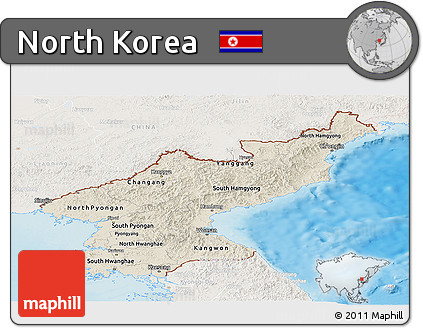 Shaded Relief Panoramic Map of North Korea, lighten, land only