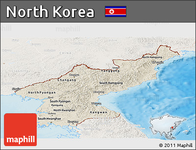 Shaded Relief Panoramic Map of North Korea, lighten, land only