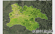 Satellite 3D Map of Pyongyang, darken, semi-desaturated
