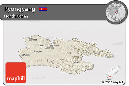 Shaded Relief Panoramic Map of Pyongyang, single color outside