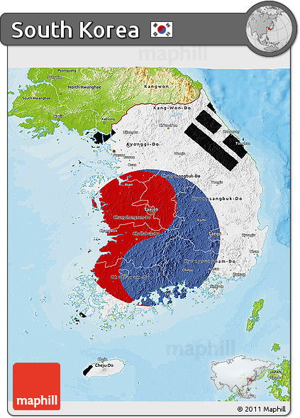 Flag 3D Map of South Korea, physical outside, bathymetry sea, flag aligned to the middle