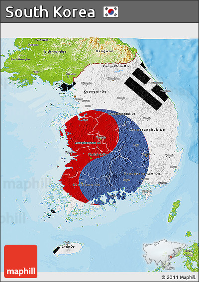 Flag 3D Map of South Korea, physical outside, bathymetry sea, flag aligned to the middle