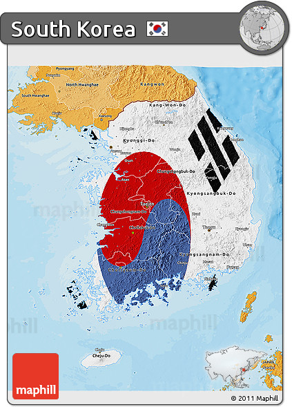 Flag 3D Map of South Korea, political shades outside