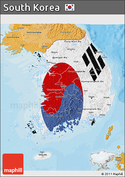 Flag 3D Map of South Korea, political shades outside