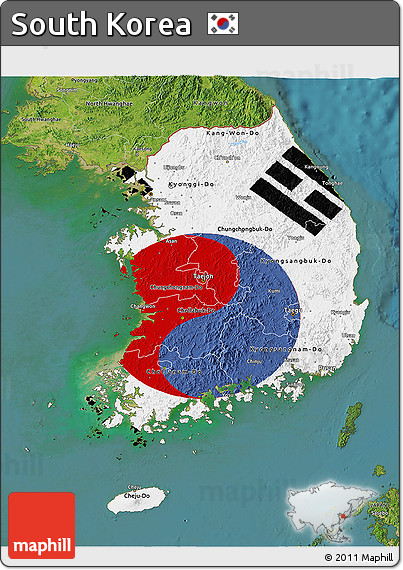 Flag 3D Map of South Korea, satellite outside, flag rotated