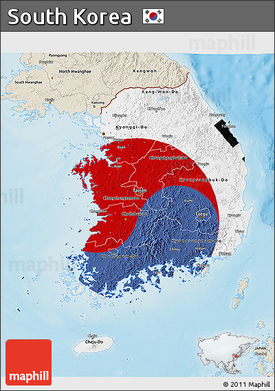 Flag 3D Map of South Korea, shaded relief outside, flag centered