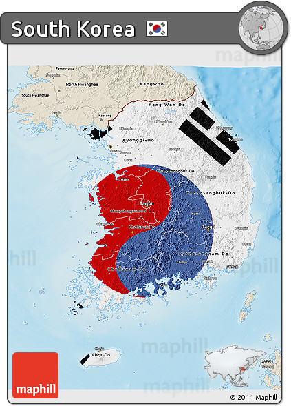 Flag 3D Map of South Korea, shaded relief outside, flag aligned to the middle