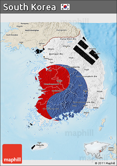 Flag 3D Map of South Korea, shaded relief outside, flag aligned to the middle