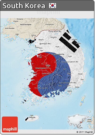 Flag 3D Map of South Korea, shaded relief outside, flag aligned to the middle