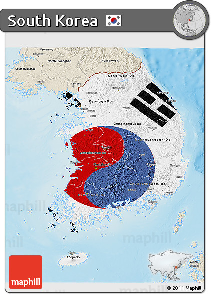 Flag 3D Map of South Korea, shaded relief outside, flag rotated