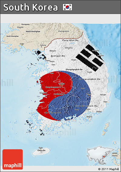 Flag 3D Map of South Korea, shaded relief outside, flag rotated