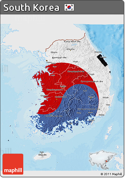 Flag 3D Map of South Korea, single color outside, bathymetry sea, shaded relief sea, flag centered