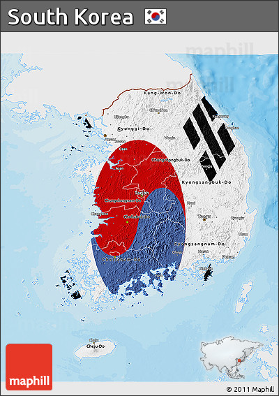 Flag 3D Map of South Korea, single color outside, bathymetry sea, shaded relief sea