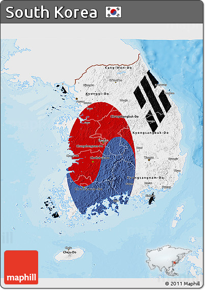 Flag 3D Map of South Korea, single color outside, bathymetry sea, shaded relief sea
