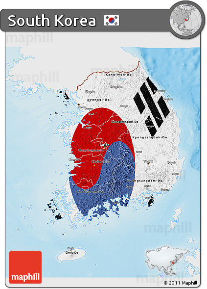 Flag 3D Map of South Korea, single color outside, shaded relief sea