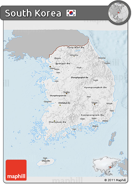 Gray 3D Map of South Korea, single color outside