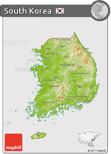 Physical 3D Map of South Korea, cropped outside
