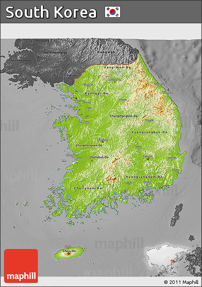 Physical 3D Map of South Korea, darken, desaturated