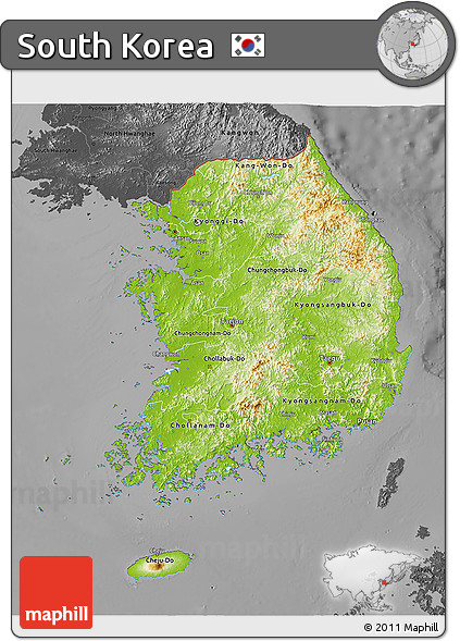 Physical 3D Map of South Korea, darken, desaturated