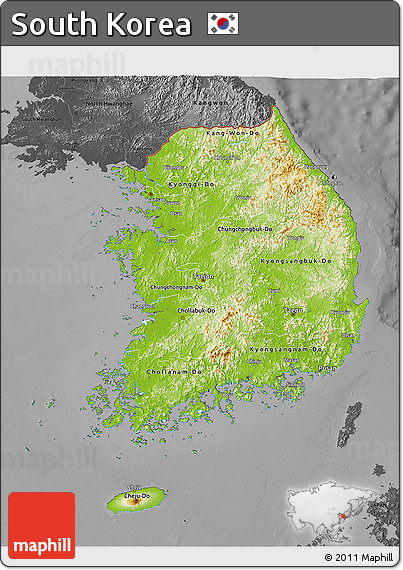 Physical 3D Map of South Korea, darken, desaturated