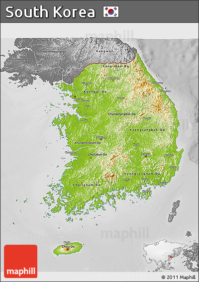Physical 3D Map of South Korea, desaturated